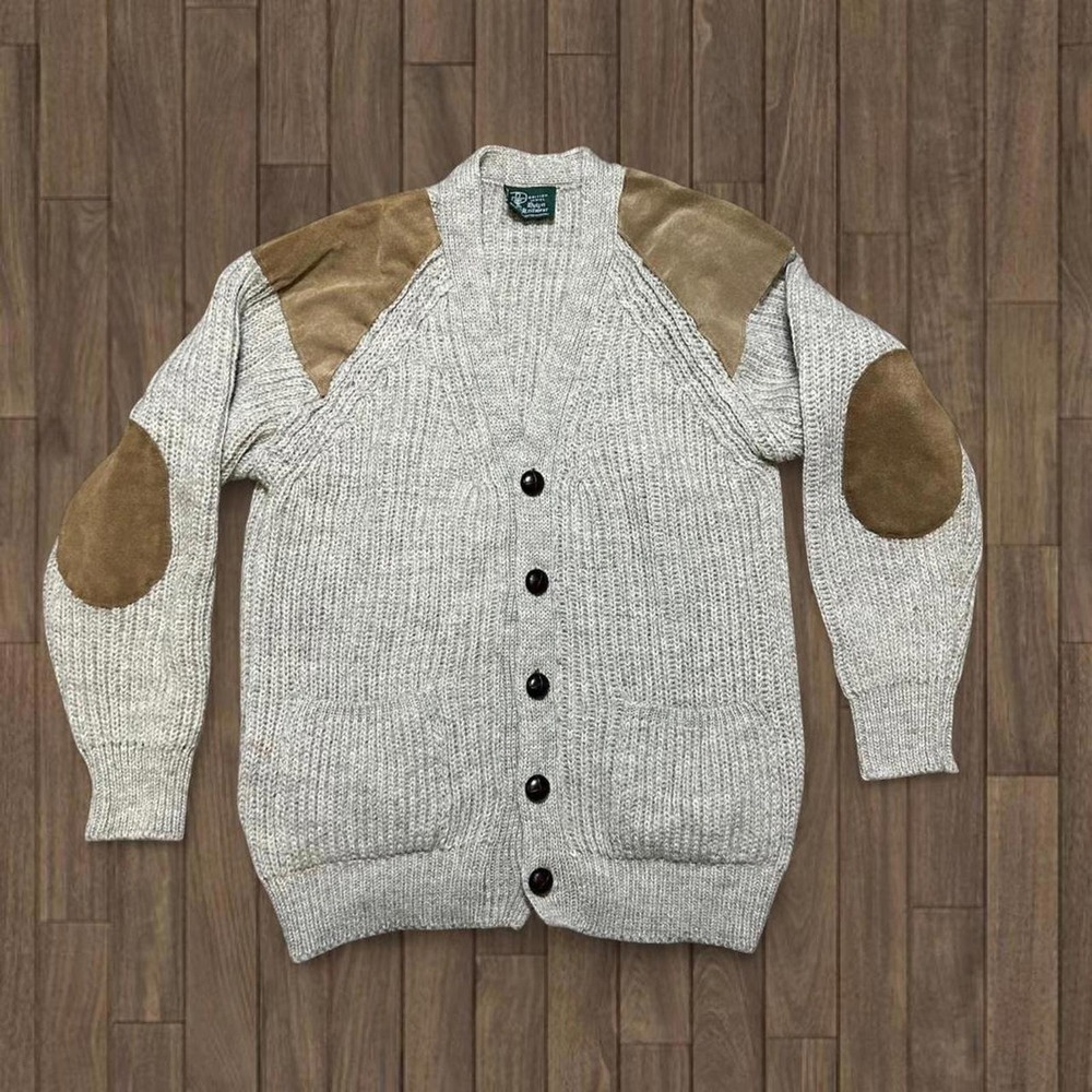 Dulyin Knitwear British Wool Cardigan Sweater Oatmeal Suede Patches Mens UK Made